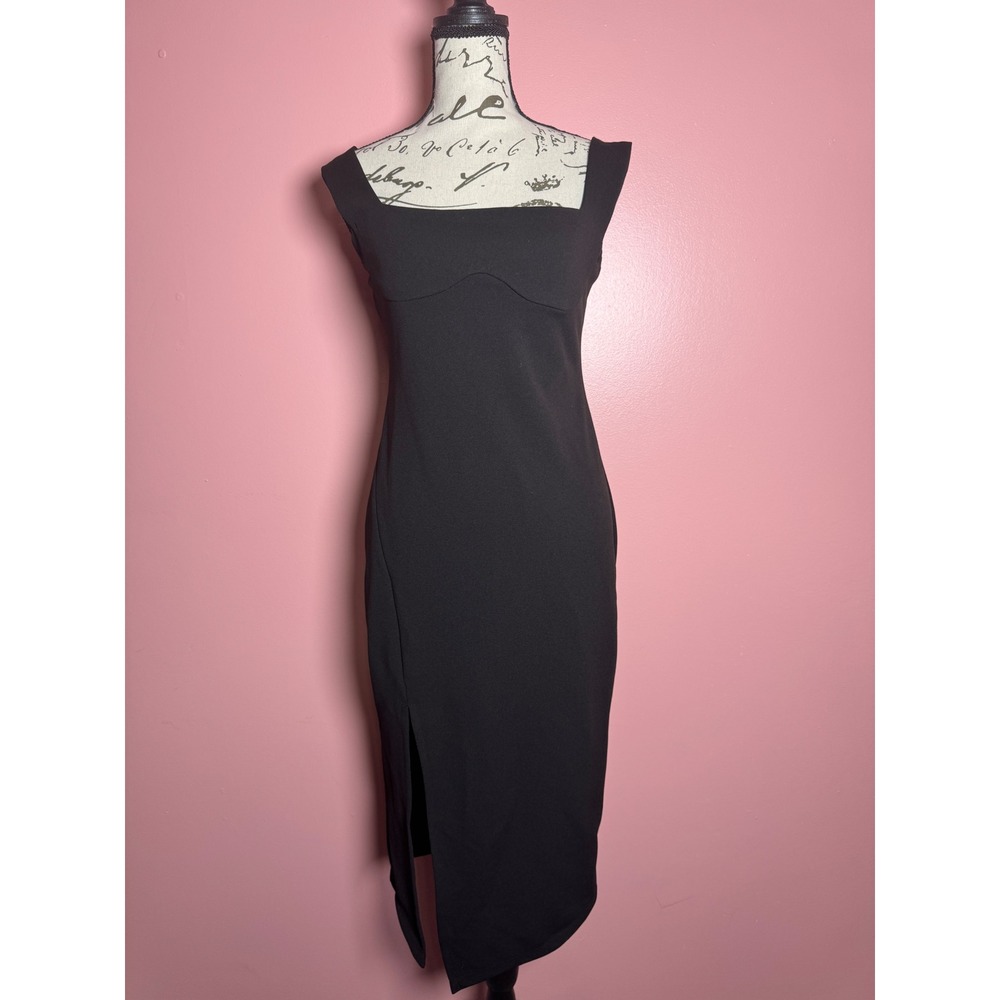 Hello Molly Black Midi Dress Square Neck Front Slit Bustier Detail Size US 8